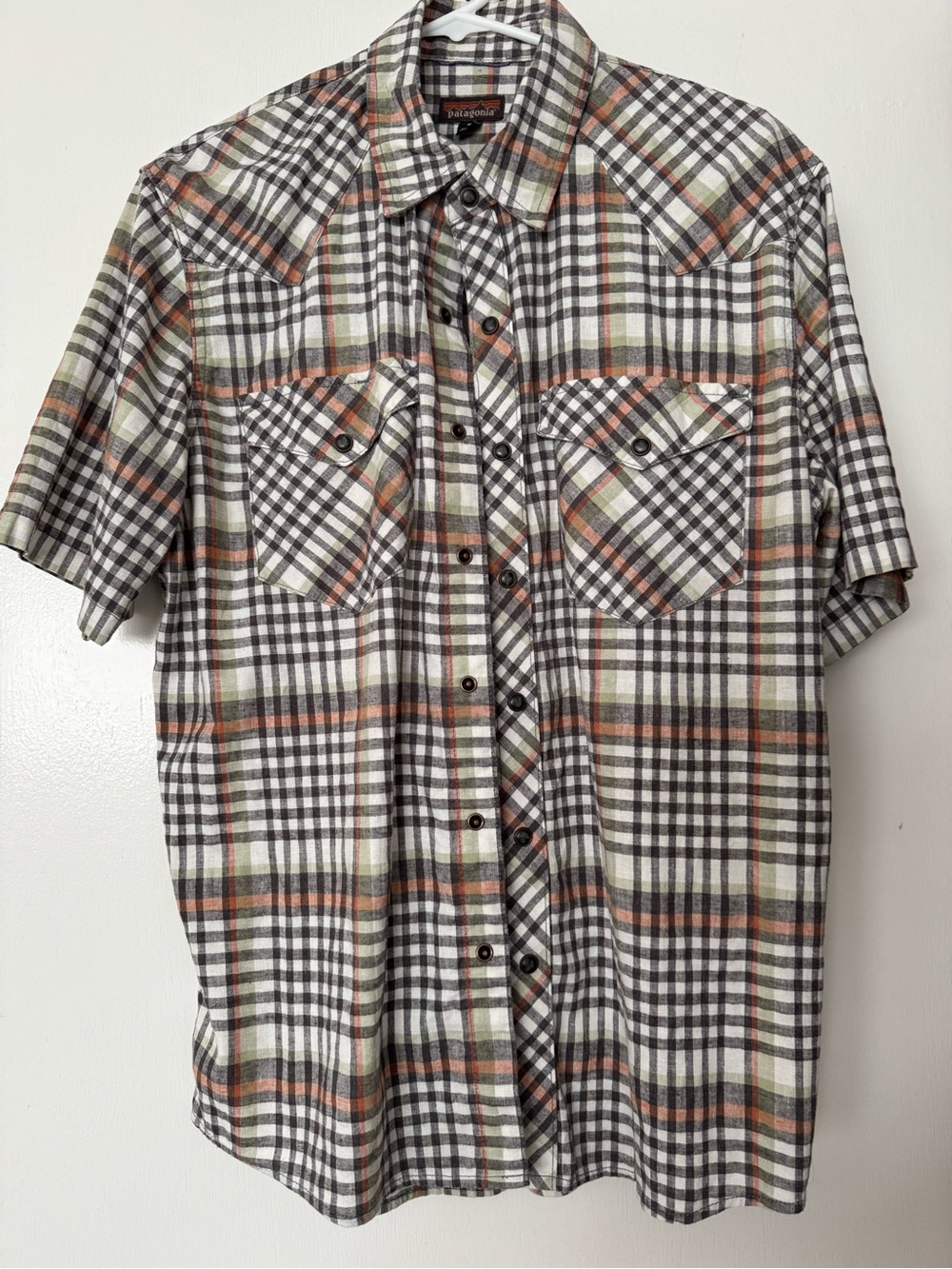 Patagonia Short-Sleeve Plaid Button-Down in White, Black & Orange-Tan